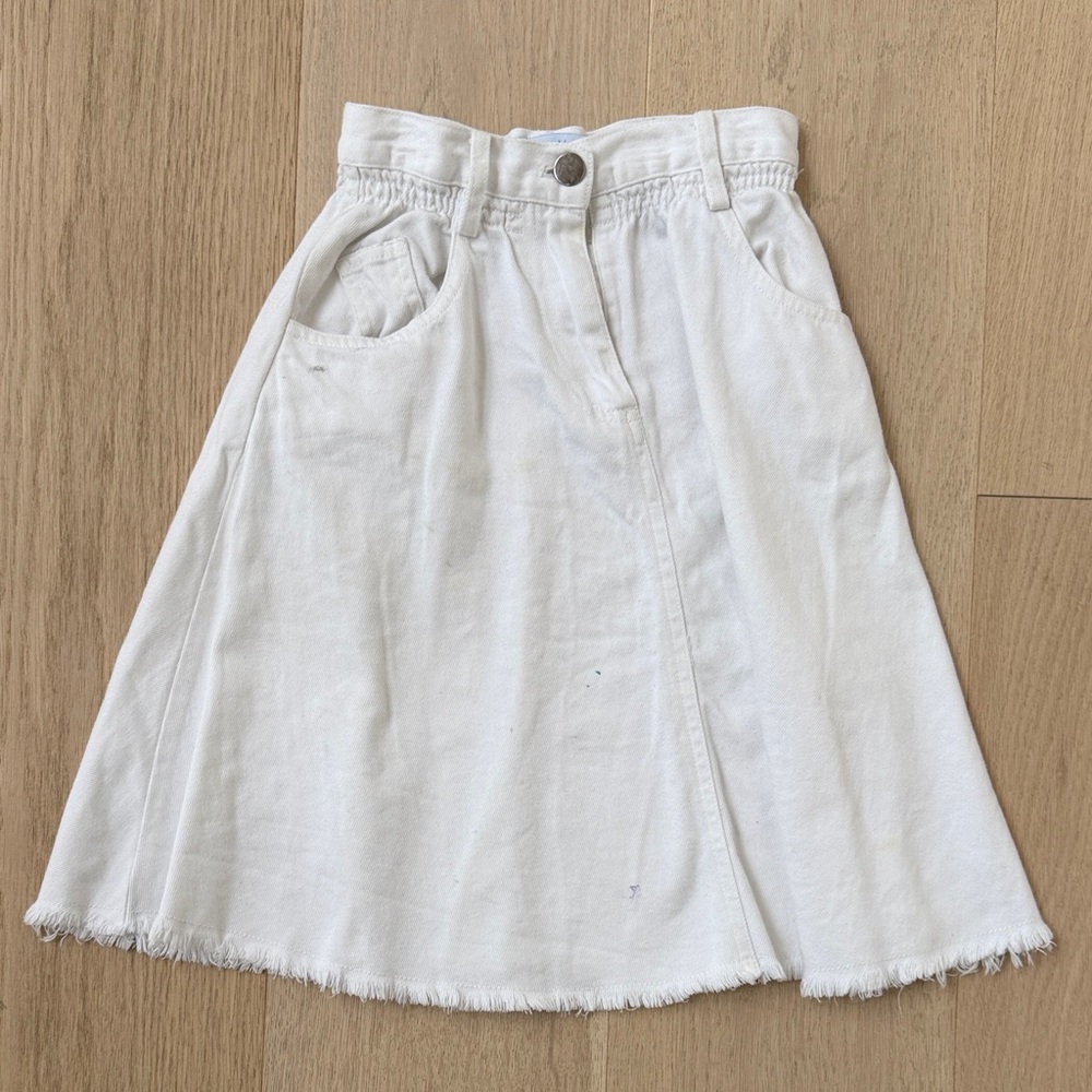 Girls' White Denim A-Line Skirt with Frayed Hem